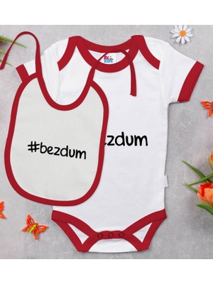 BK Gift Bk Kids Bezdum Tasarımlı Kırmızı Bebek Body Zıbın ve Mama Önlüğü Hediye Seti-1 0-3 Ay