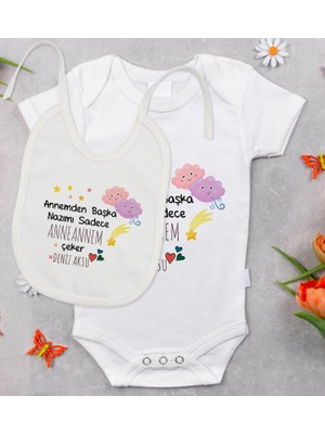 BK Gift Bk Kids Kişiye Özel Anneannesinin Uykucu Kuzusu Tasarımlı Bebek Body Zıbın ve Mama Önlüğü Hediye Seti - Model 1 0-3 Ay