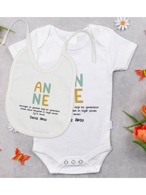 BK Gift Bk Kids Kişiye Özel Anne Tasarımlı Bebek Body Zıbın ve Mama Önlüğü Hediye Seti - Model 2 6 - 9 Ay