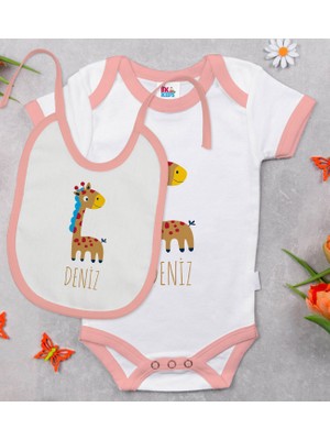 BK Gift Bk Kids Kişiye Özel Isimli Pembe Bebek Body Zıbın ve Mama Önlüğü Hediye Seti-17 3-6 Ay