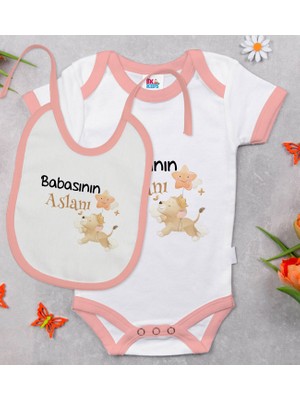 BK Gift Bk Kids Babasının Aslanı Tasarımlı Pembe Bebek Body Zıbın ve Mama Önlüğü Hediye Seti-1 0-3 Ay