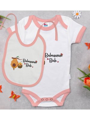BK Gift Bk Kids Babasının Balı Tasarımlı Pembe Bebek Body Zıbın ve Mama Önlüğü Hediye Seti-1 12-18 Ay