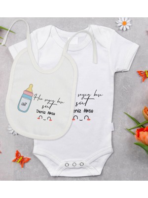BK Gift Bk Kids Kişiye Özel Herkes Bana Ben Teyzeme Hastayım Tasarımlı Bebek Body Zıbın ve Mama Önlüğü Hediye Seti - Model 1 3-6 Ay