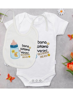 BK Gift Bk Kids Kişiye Özel Bana Sütümü Verin Tasarımlı Bebek Body Zıbın ve Mama Önlüğü Hediye Seti - Model 1 12-18 Ay