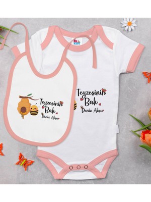 BK Gift Bk Kids Kişiye Özel Teyzesinin Balı Tasarımlı Pembe Bebek Body Zıbın ve Mama Önlüğü Hediye Seti 12-18 Ay