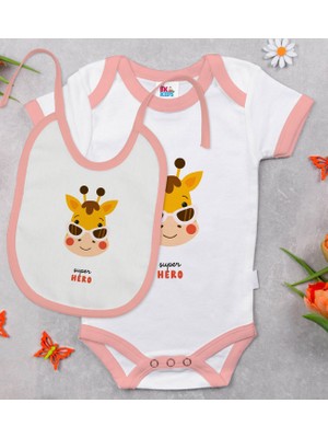 BK Gift Bk Kids Super Hero Tasarımlı Pembe Bebek Body Zıbın ve Mama Önlüğü Hediye Seti-1 3-6 Ay