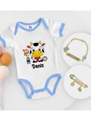 BK Gift Bk Kids Kişiye Özel Isimli Mavi Bebek Body Zıbın Erkek Bebek Künyesi ve Iğnesi Hediye Seti-31 9-12 Ay