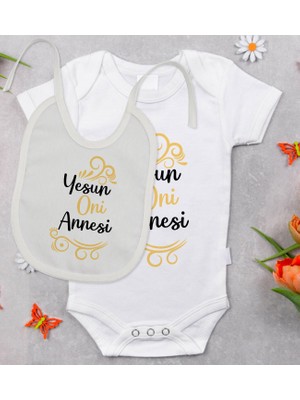 BK Gift Bk Kids Yesun Oni Annesi Tasarımlı Bebek Body Zıbın ve Mama Önlüğü Hediye Seti - Model 1 12-18 Ay