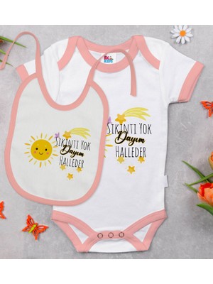 BK Gift Bk Kids Sıkıntı Yok Dayım Halleder Tasarımlı Pembe Bebek Body Zıbın ve Mama Önlüğü Hediye Seti-1 3-6 Ay