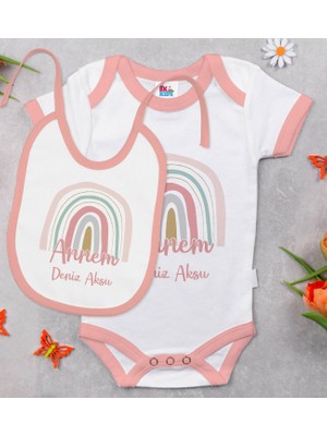 BK Gift Bk Kids Kişiye Özel Annem Tasarımlı Pembe Bebek Body Zıbın ve Mama Önlüğü Hediye Seti 9-12 Ay