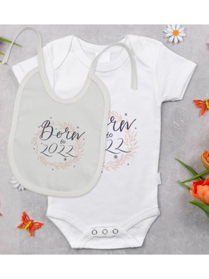 BK Gift Bk Kids Born To 2022 Tasarımlı Bebek Body Zıbın ve Mama Önlüğü Hediye Seti - Model 1 6 - 9 Ay