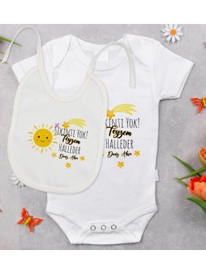 BK Gift Bk Kids Kişiye Özel Sıkıntı Yok Teyzem Halleder Tasarımlı Bebek Body Zıbın ve Mama Önlüğü Hediye Seti - Model 1 3-6 Ay