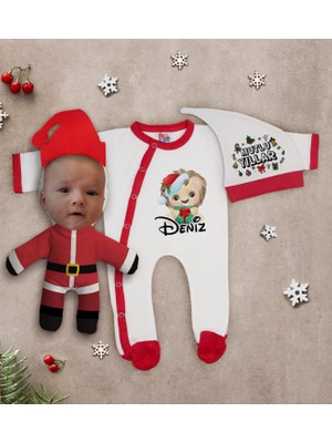 Bk Gift Kişiye Özel Yılbaşı Temalı Tulum Zıbın Kukuletalı Şapka ve Bebek Yastık Hediye Seti-4 6 - 9 Ay