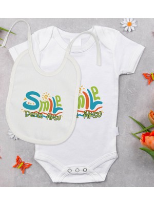 BK Gift Bk Kids Kişiye Özel Smile Tasarımlı Bebek Body Zıbın ve Mama Önlüğü Hediye Seti - Model 1 12-18 Ay