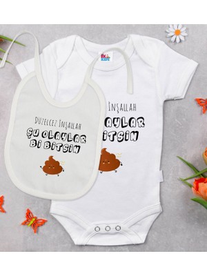 BK Gift Bk Kids Düzelcez Inşallah Tasarımlı Beyaz Bebek Body Zıbın ve Mama Önlüğü Hediye Seti-1 0-3 Ay
