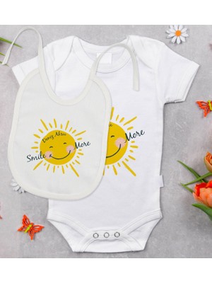 BK Gift Bk Kids Kişiye Özel Smile More Tasarımlı Bebek Body Zıbın ve Mama Önlüğü Hediye Seti - Model 1 0-3 Ay