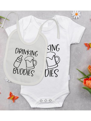 BK Gift Bk Kids Drinking Buddies Tasarımlı Bebek Body Zıbın ve Mama Önlüğü Hediye Seti - Model 1 0-3 Ay
