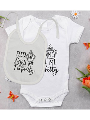 BK Gift Bk Kids Im Pretty Tasarımlı Bebek Body Zıbın ve Mama Önlüğü Hediye Seti - Model 1 9-12 Ay