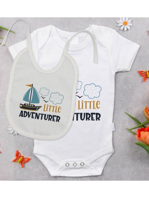 BK Gift Bk Kids Little Advanturer Tasarımlı Bebek Body Zıbın ve Mama Önlüğü Hediye Seti - Model 1 12-18 Ay