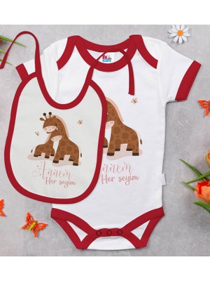 BK Gift Bk Kids Annem Her Şeyim Tasarımlı Kırmızı Bebek Body Zıbın ve Mama Önlüğü Hediye Seti-2 6 - 9 Ay