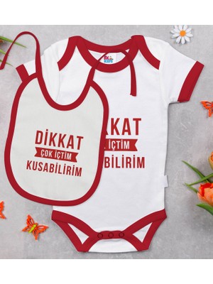 BK Gift Bk Kids Dikkat Çok Içtim Tasarımlı Kırmızı Bebek Body Zıbın ve Mama Önlüğü Hediye Seti-1 0-3 Ay