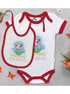 BK Gift Bk Kids Küçük Deniz Kızı Tasarımlı Kırmızı Bebek Body Zıbın ve Mama Önlüğü Hediye Seti-1 6 - 9 Ay