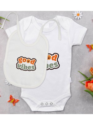 BK Gift Bk Kids Good Vibes Tasarımlı Bebek Body Zıbın ve Mama Önlüğü Hediye Seti - Model 1 6 - 9 Ay