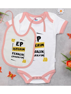 BK Gift Bk Kids Ep Isterim Tasarımlı Pembe Bebek Body Zıbın ve Mama Önlüğü Hediye Seti-1 9-12 Ay
