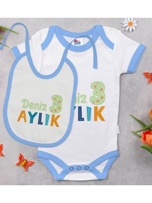 BK Gift Bk Kids Kişiye Özel Aylık Tasarımlı Mavi Bebek Body Zıbın ve Mama Önlüğü Hediye Seti 3-6 Ay