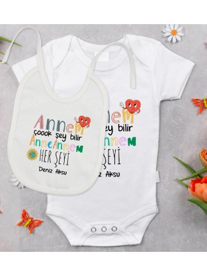 BK Gift Bk Kids Kişiye Özel Annem Çok Şeyi Bilir Tasarımlı Bebek Body Zıbın ve Mama Önlüğü Hediye Seti - Model 1 6 - 9 Ay