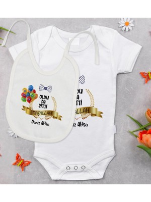 BK Gift Bk Kids Kişiye Özel Sünnet Tasarımlı Bebek Body Zıbın ve Mama Önlüğü Hediye Seti - Model 4 3-6 Ay