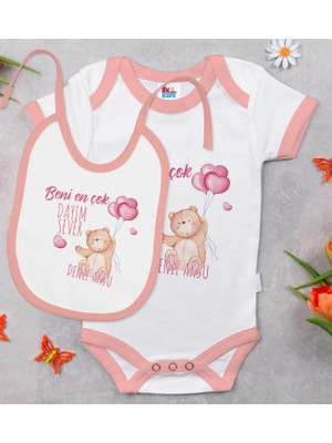 BK Gift Bk Kids Kişiye Özel Beni En Çok Dayım Sever Tasarımlı Pembe Bebek Body Zıbın ve Mama Önlüğü Hediye Seti 0-3 Ay