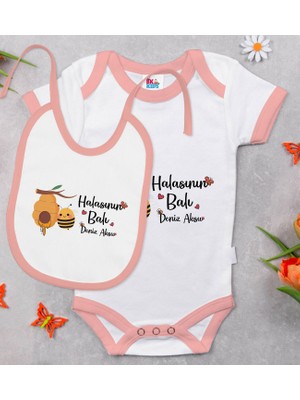 BK Gift Bk Kids Kişiye Özel Halasının Balı Tasarımlı Pembe Bebek Body Zıbın ve Mama Önlüğü Hediye Seti 0-3 Ay