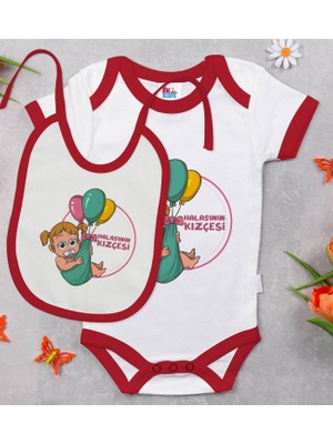BK Gift Bk Kids Halasının Kızçesi Tasarımlı Kırmızı Bebek Body Zıbın ve Mama Önlüğü Hediye Seti-1 0-3 Ay