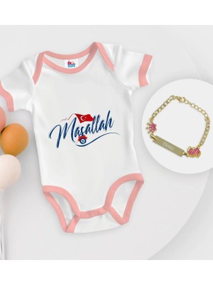 BK Gift Bk Kids Kişiye Özel Maşallah Tasarımlı Pembe Bebek Body Zıbın ve Kız Bebek Künyesi Hediye Seti-3 3-6 Ay