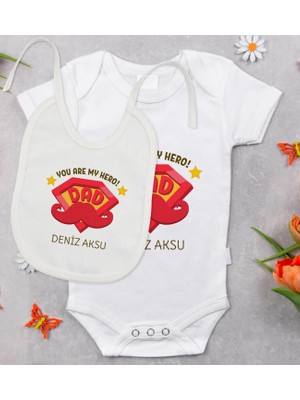BK Gift Bk Kids Kişiye Özel You Are My Hero Tasarımlı Bebek Body Zıbın ve Mama Önlüğü Hediye Seti - Model 1 0-3 Ay
