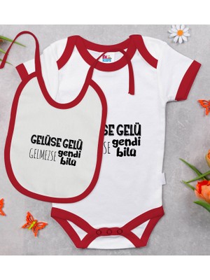 BK Gift Bk Kids Gelüse Gelü Tasarımlı Kırmızı Bebek Body Zıbın ve Mama Önlüğü Hediye Seti-1 0-3 Ay
