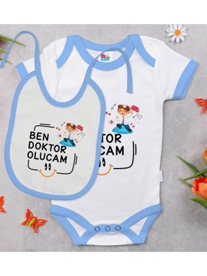BK Gift Bk Kids Doktor Olucam Tasarımlı Mavi Bebek Body Zıbın ve Mama Önlüğü Hediye Seti-1 3-6 Ay