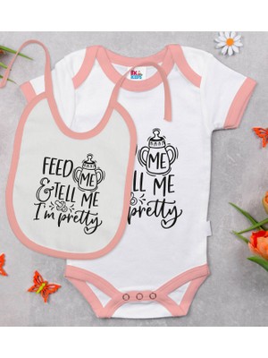 BK Gift Bk Kids I'm Pretty Tasarımlı Pembe Bebek Body Zıbın ve Mama Önlüğü Hediye Seti-1 3-6 Ay