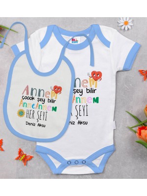 BK Gift Bk Kids Kişiye Özel Annem Çok Şey Bilir Tasarımlı Mavi Bebek Body Zıbın ve Mama Önlüğü Hediye Seti 3-6 Ay