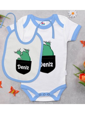 BK Gift Bk Kids Kişiye Özel Isimli Mavi Bebek Body Zıbın ve Mama Önlüğü Hediye Seti-39 3-6 Ay