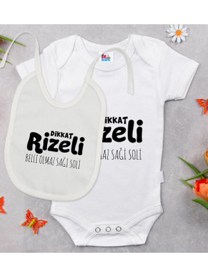 BK Gift Bk Kids Dikkat Rizeli Tasarımlı Beyaz Bebek Body Zıbın ve Mama Önlüğü Hediye Seti-1 3-6 Ay