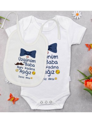 BK Gift Bk Kids Kişiye Özel Aynı Kadına Aşığız Tasarımlı Bebek Body Zıbın ve Mama Önlüğü Hediye Seti - Model 1 3-6 Ay