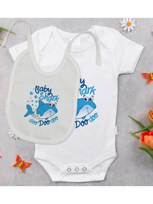 BK Gift Bk Kids Baby Shark Tasarımlı Bebek Body Zıbın ve Mama Önlüğü Hediye Seti - Model 1 3-6 Ay