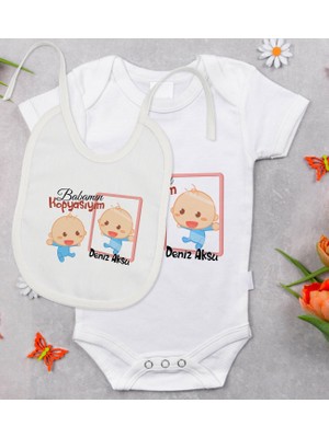 BK Gift Bk Kids Kişiye Özel Babamın Kopyasıyım Tasarımlı Bebek Body Zıbın ve Mama Önlüğü Hediye Seti - Model 1 6 - 9 Ay