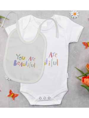 BK Gift Bk Kids You Are Beautiful Tasarımlı Bebek Body Zıbın ve Mama Önlüğü Hediye Seti - Model 1 3-6 Ay