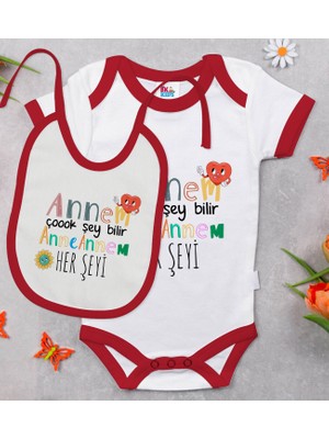 BK Gift Bk Kids Annem Çok Şey Bilir Tasarımlı Kırmızı Bebek Body Zıbın ve Mama Önlüğü Hediye Seti-1 6 - 9 Ay
