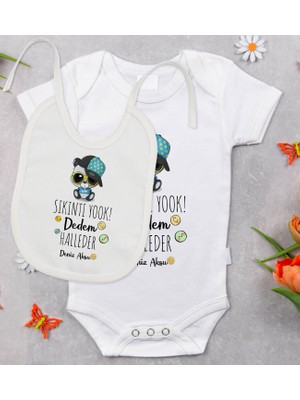 BK Gift Bk Kids Kişiye Özel Sıkıntı Yok Dedem Halleder Tasarımlı Bebek Body Zıbın ve Mama Önlüğü Hediye Seti - Model 1 12-18 Ay