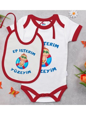 BK Gift Bk Kids Ep Isterim Tasarımlı Kırmızı Bebek Body Zıbın ve Mama Önlüğü Hediye Seti-4 6 - 9 Ay