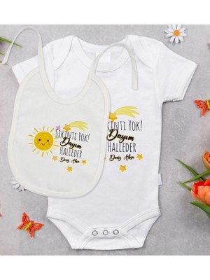 BK Gift Bk Kids Kişiye Özel Sıkıntı Yok Dayım Halleder Tasarımlı Bebek Body Zıbın ve Mama Önlüğü Hediye Seti - Model 1 9-12 Ay